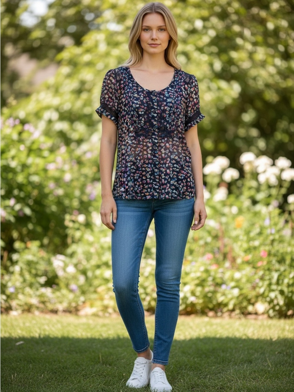 American Eagle Sheer Floral Lace Accent Peasant Blouse Boho Top Size SP Y2K Navy